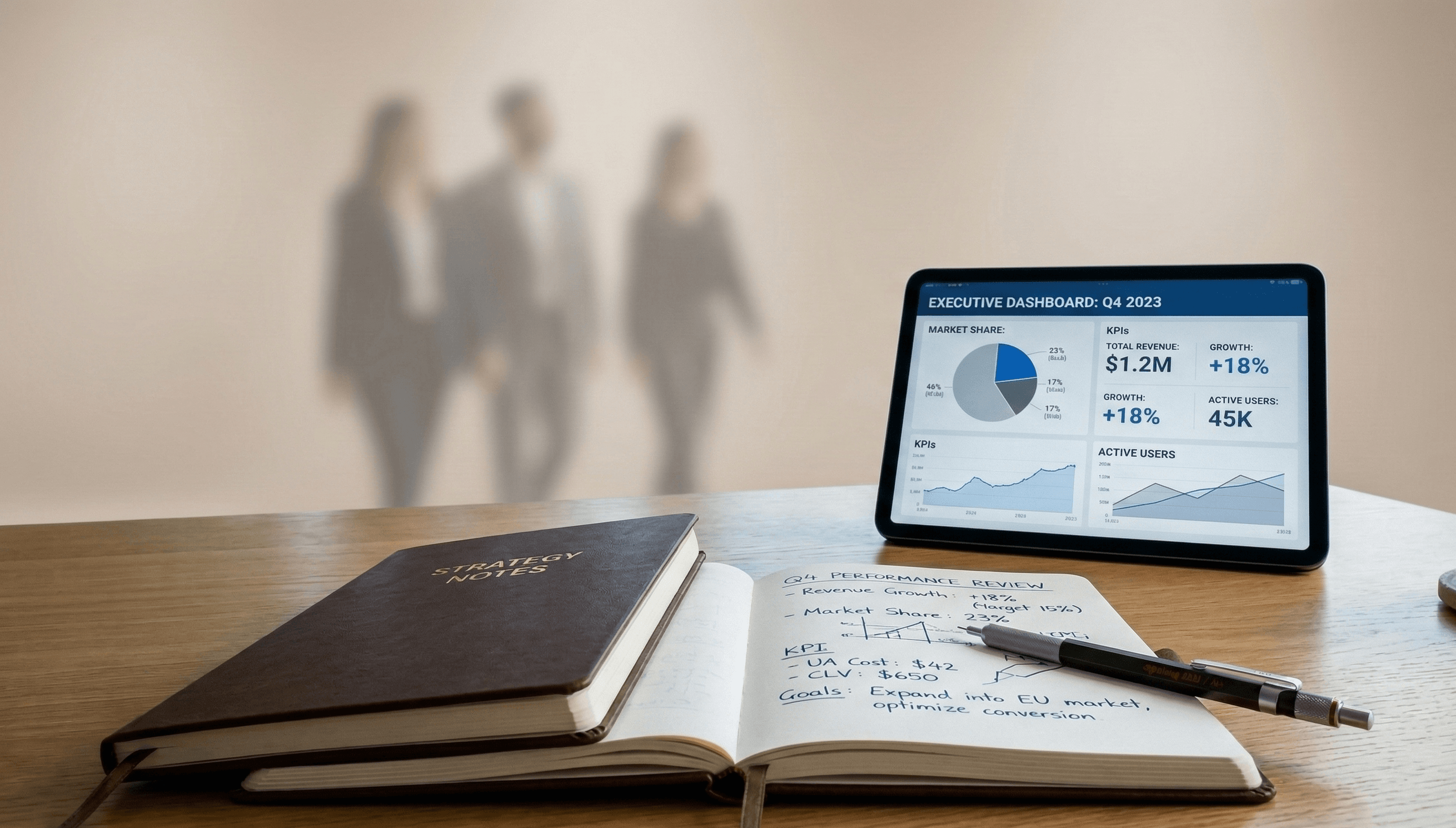 Caderno de notas e tablet com gráficos financeiros sobre mesa de vidro; profissionais conversam ao fundo.