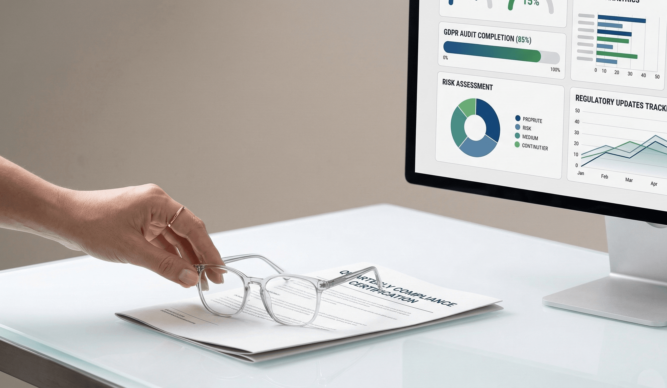 Par de óculos de leitura sobre um documento em uma mesa de vidro branca; monitor de computador ao fundo exibindo painel de conformidade com gráficos e métricas; fundo neutro.